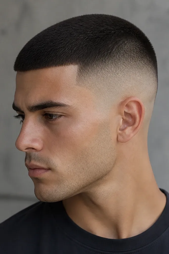 A higher fade that reaches skin near the upper sides, with a crisp temple line. The top buzz is #1 and slightly darker, and the fade has a tight, clean gradient with no visible steps.