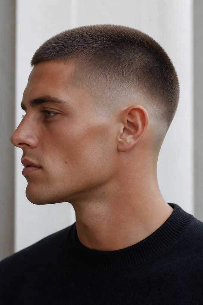 A buzz top that looks a touch longer (#1.5), with sides that start as a taper and then drop into skin low. The transition is smooth and the neckline is clean but not boxed in.