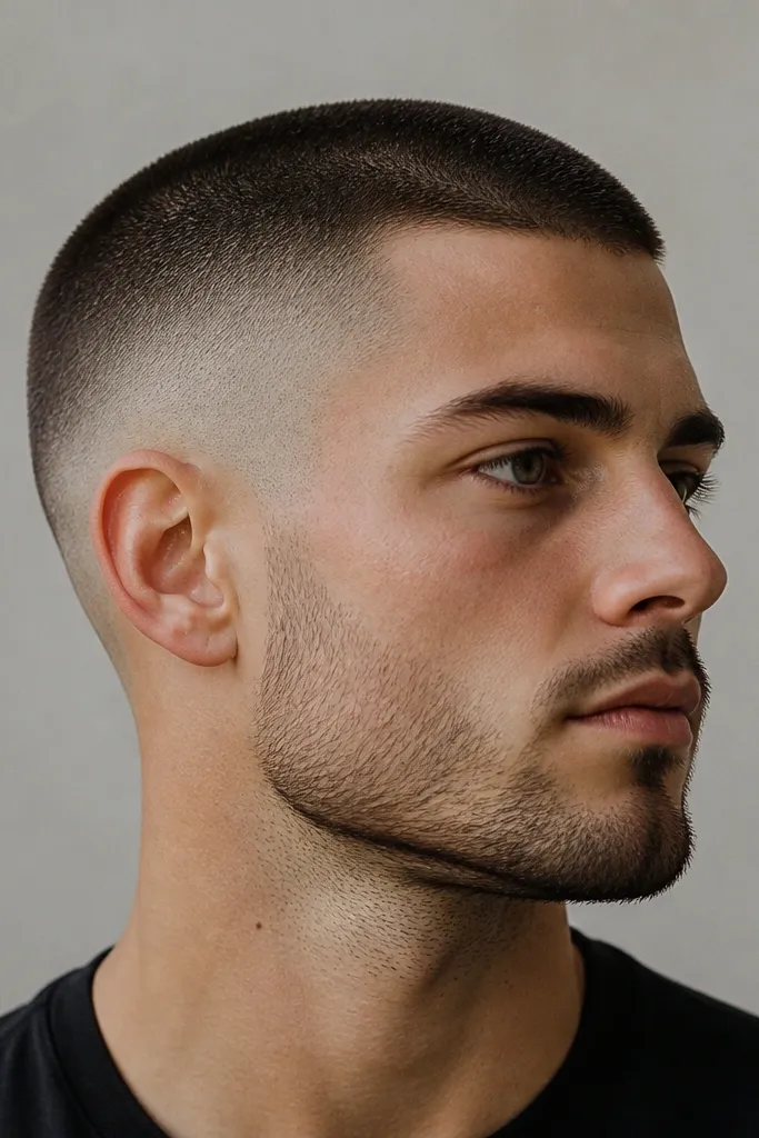 Sides are faded to skin with extra attention around the ear. The blend line curves smoothly following the ear shape, and the top remains a uniform buzz.