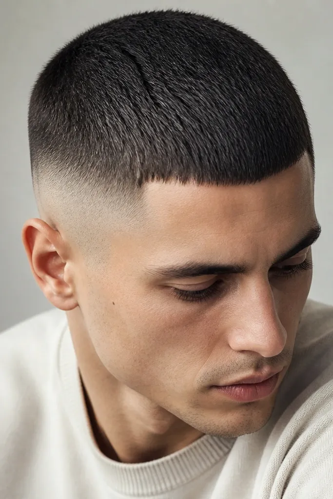 A buzz cut with sides faded to skin and a subtle front fringe created by clipping the very front slightly higher. The top still looks like a buzz, but the front edge is defined.