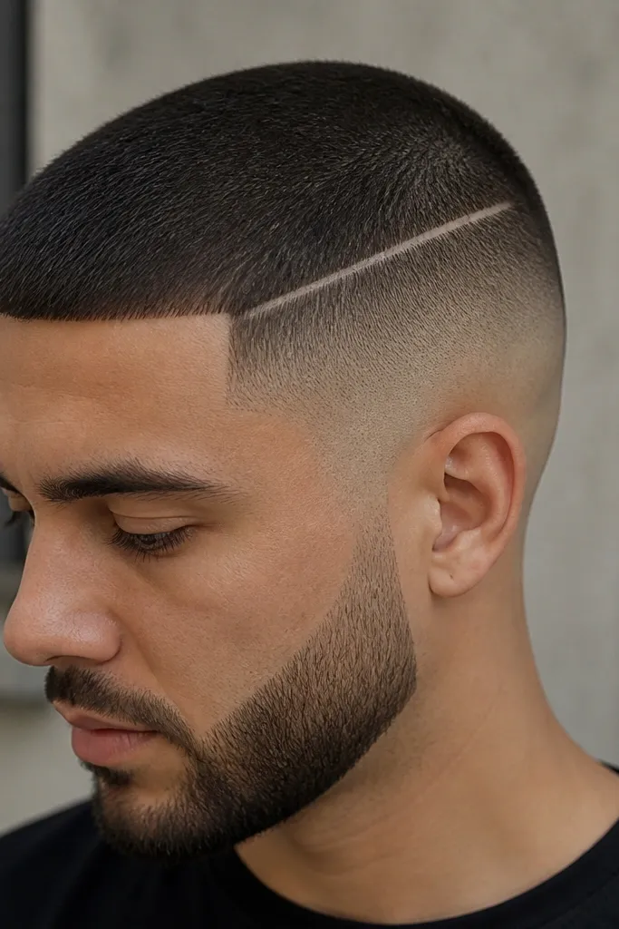 A skin fade on the sides with a visible hard part line carved into the fade area, while the top is a uniform buzz. The line is straight and sharply edged, and the skin transition is smooth.