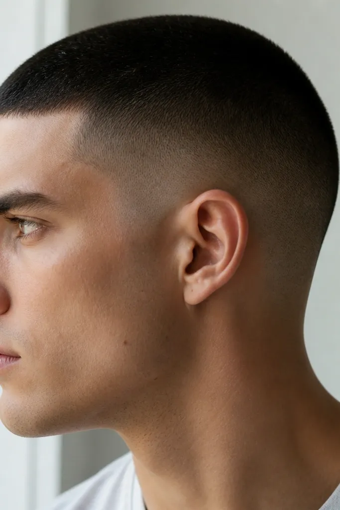 A buzz cut with skin faded sides and a neckline that follows the natural jaw/neck curve. The bottom edge looks soft and blended, not squared off.