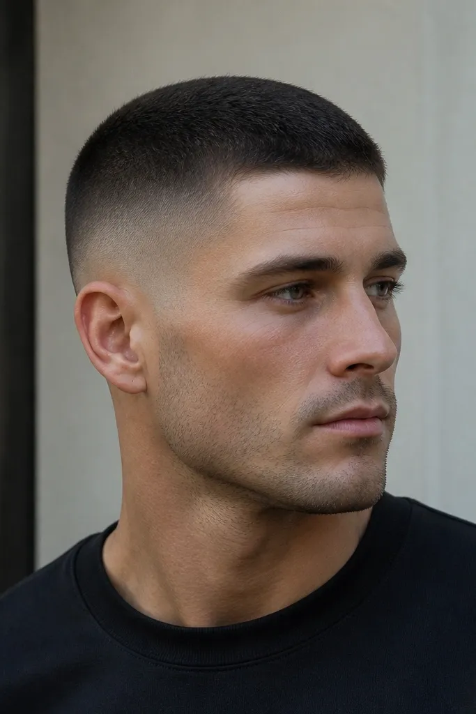 A buzz top that looks slightly longer (#2), with sides faded to skin in a smooth gradient. The top has a matte texture and the fade looks tight but not harsh.