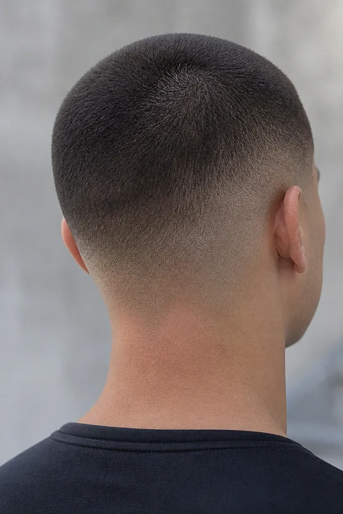 A buzz cut with a skin fade that looks especially smooth at the back corners. The back shows a controlled gradient with no sharp edges, and the top remains even.