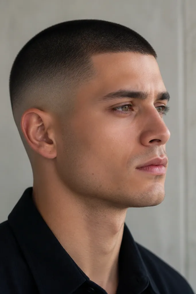 A buzz cut with skin faded sides and a line-up that looks clean but slightly softer at the edges. The skin fade is still sharp, but the neckline and temple edges are less aggressive.