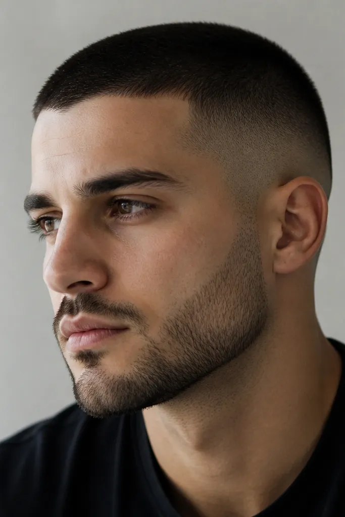 A buzz cut with skin-faded sides and a beard area where the line between fade and beard looks lightly blended. The top is a matte buzz and the face looks tidy without harsh edges.