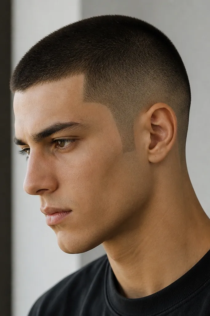 A buzz cut with skin-faded sides and crisp sideburn edges that line up neatly toward the brow area. The fade is smooth, and the sideburn boundary is sharply defined.
