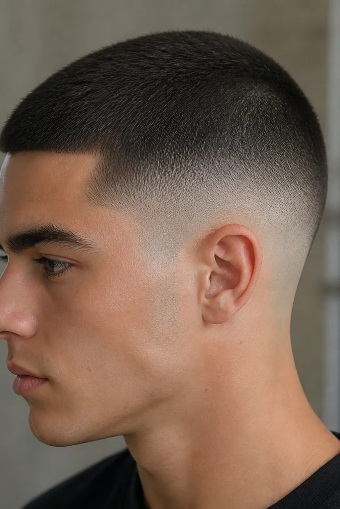 A buzz cut with skin-faded sides and a top that looks matte and dry, with no wet shine. The fade gradient is clean and the hair texture on top looks soft and even.