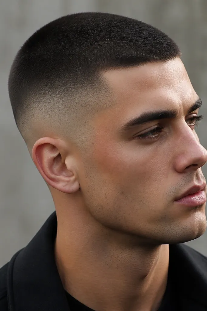 A buzz cut with a skin fade on the sides, and the top shows a slightly tighter crop around the crown area. The crown looks uniform and flat, while the sides blend smoothly to skin.