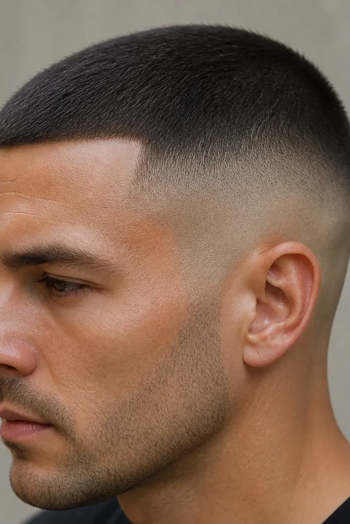 A close-up of a man with a buzz cut: 1/2-inch top, a very high fade that turns nearly to skin near the temples, and a crisp blended line around the sides. The hair looks matte on top and smooth on the edges.