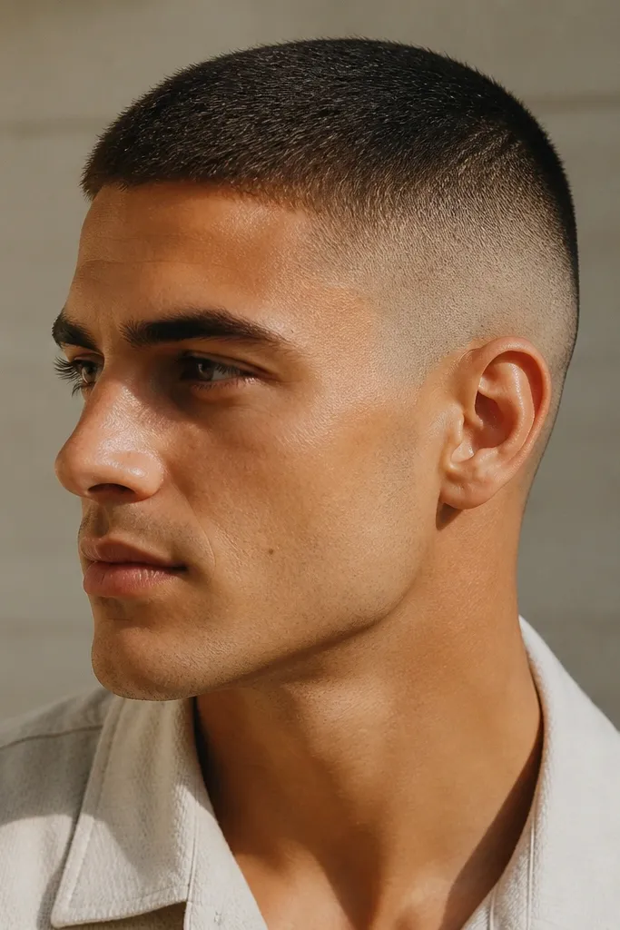 A man wearing a buzz cut where the top is about 3/4 inch. The sides fade high but soften near the temples, with no harsh skin edge; the blend looks smooth and gradual.
