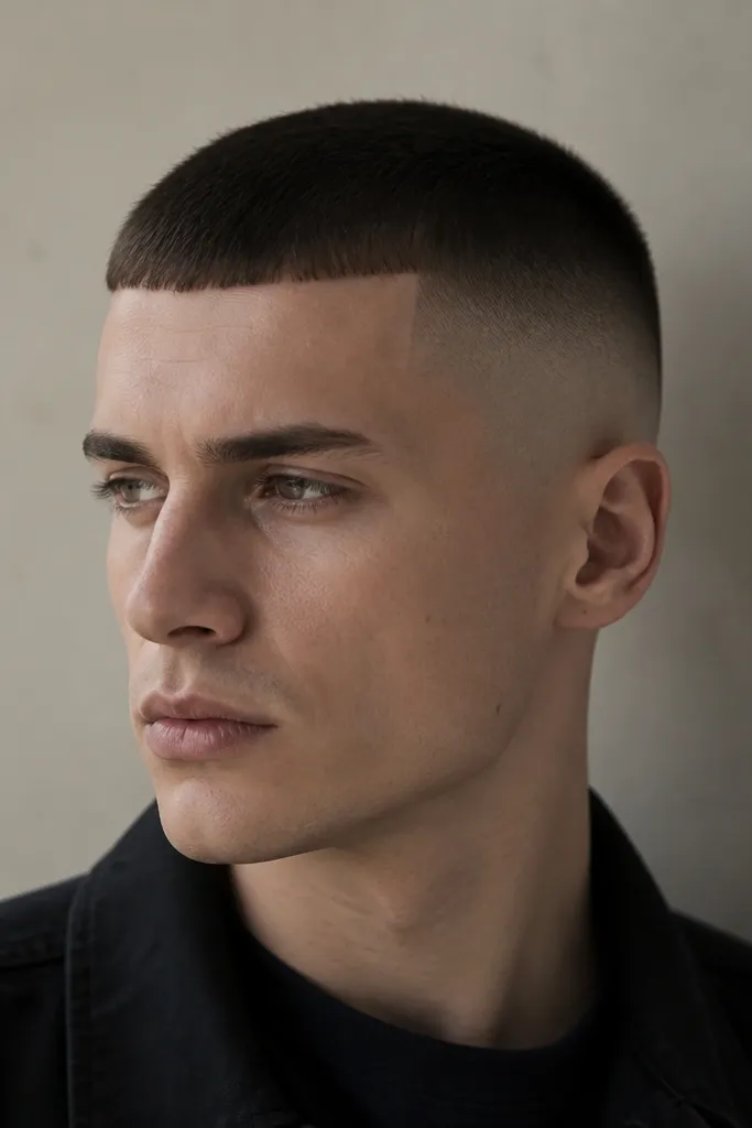 A buzz cut with a high fade and a very short, straight fringe area across the forehead. The top looks uniform but the front edge is defined as a subtle line; sides fade high and clean.