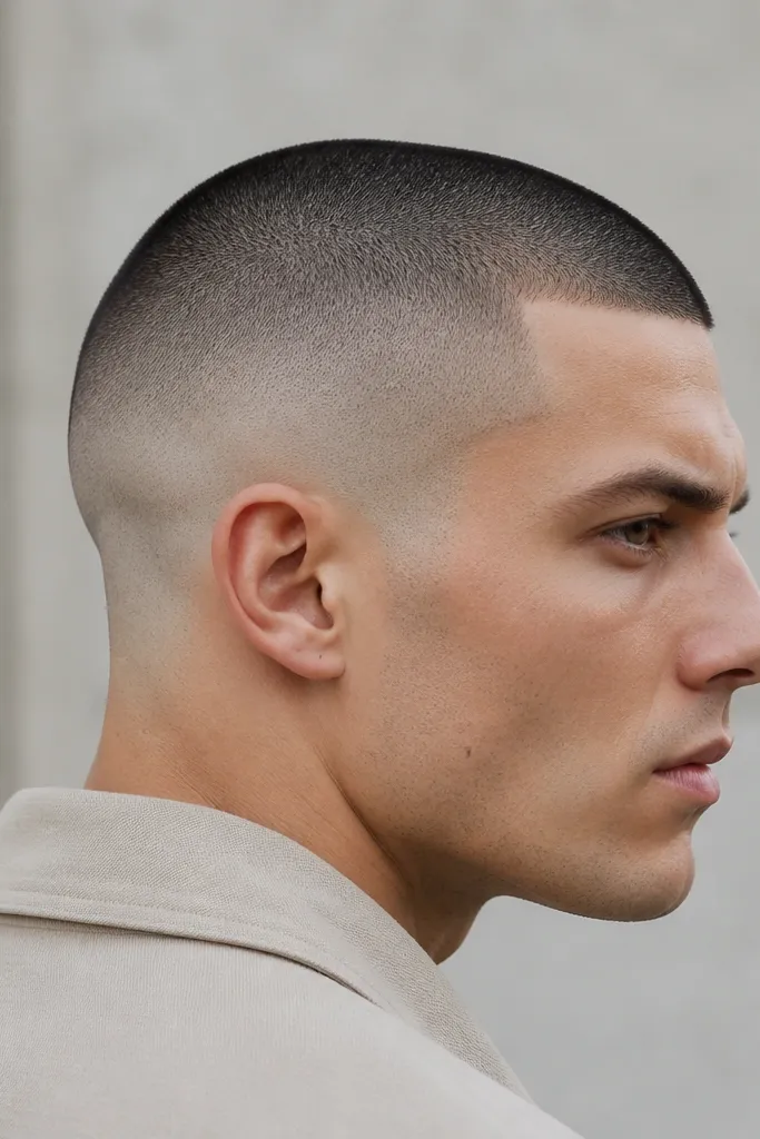 A very short buzz cut where the top is close to zero. The sides fade up to skin at a high level with strong contrast, and the crown looks uniformly short.