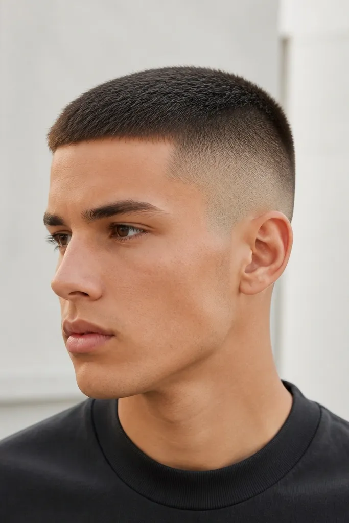 A buzz cut with a 1-inch top that sits flat like a tiny crew cut. The sides are a high fade with a smooth blend, and the crown looks level rather than rounded.