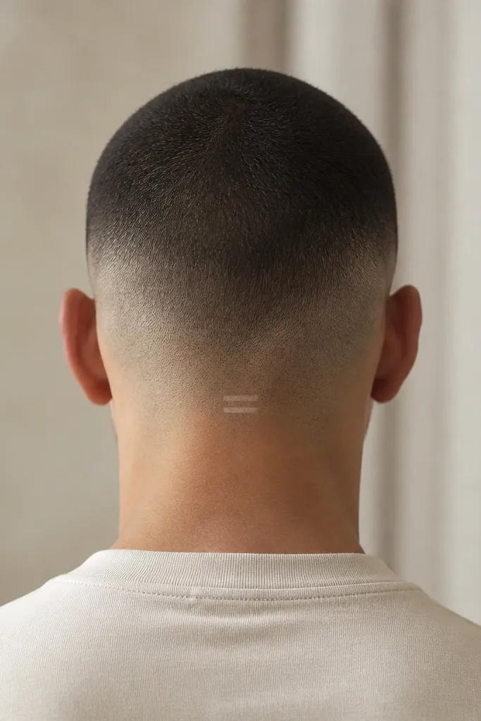 A rear view of a buzz cut: high fade on the sides, and two very short parallel lines shaved into the back neckline area. The rest of the hair is clean and short.