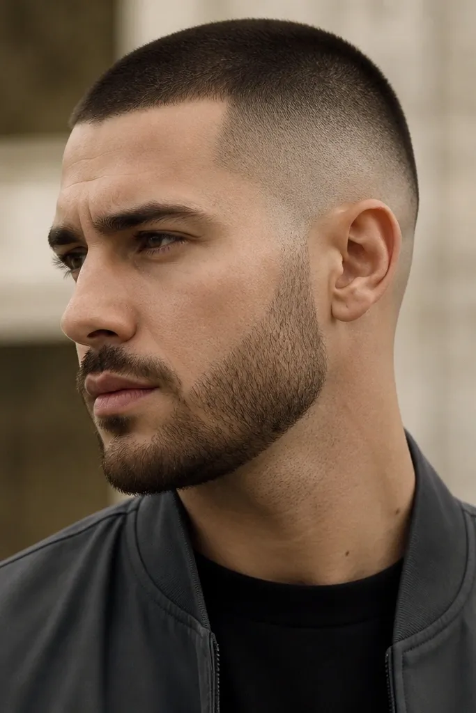 A buzz cut with a high skin fade and a closely trimmed beard. The beard neckline and side transition blend smoothly with the fade, creating a connected outline.