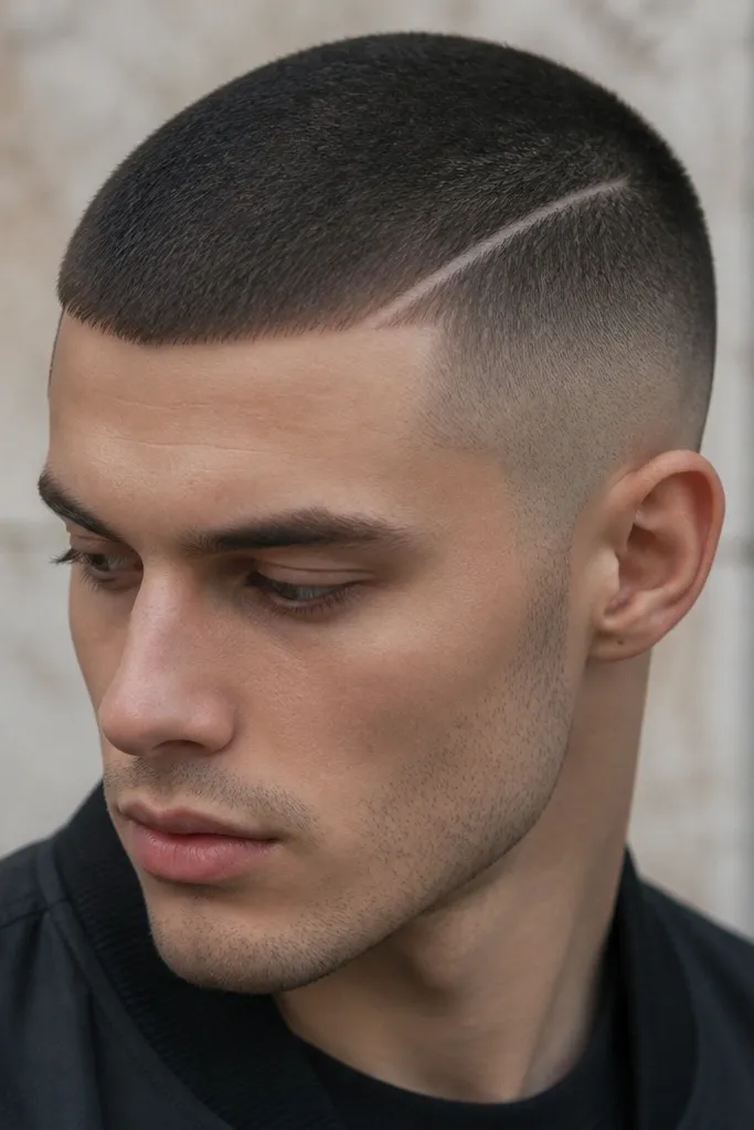 A buzz cut where the top is uniformly short, but one side has a subtle shaved part line. The high fade is blended and clean, and the part line is visible only from certain angles.