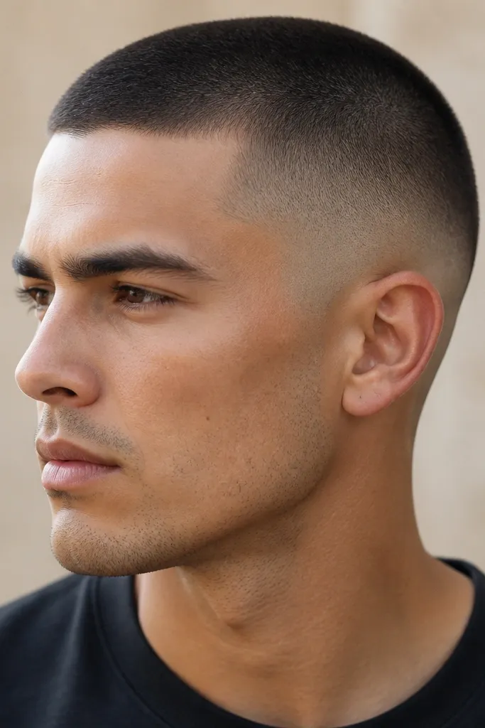 A close buzz cut with a high fade and a slightly rounded crown. The top is short and even, and the fade blends smoothly into the sides.