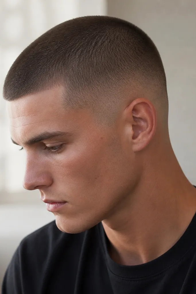 A buzz cut where the top has faint vertical directional lines from the clipper passes. The sides are a high fade, clean and blended, with the pattern only visible in texture.