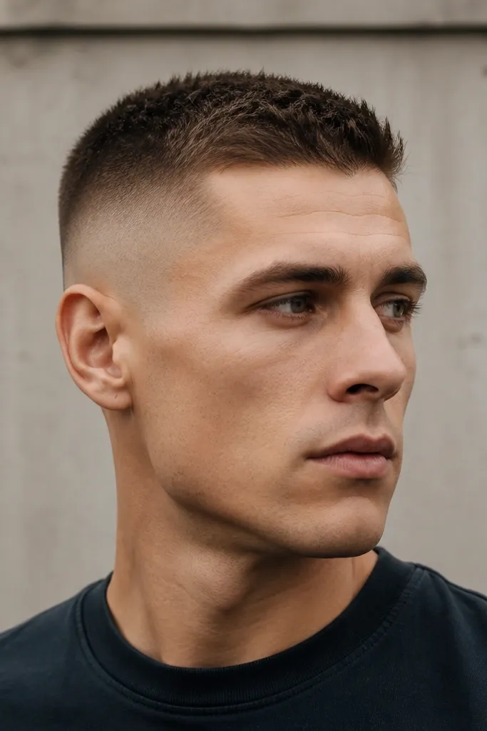 A buzz cut with a high fade and a top that's slightly spiked upward. The sides fade high and clean, and the top has a tiny bit of texture from clippers.