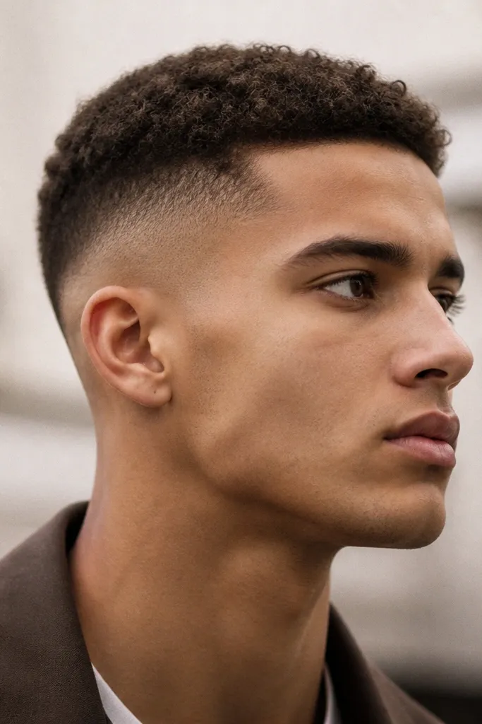 A buzz cut on curly hair with a high fade. The curls are visible on top as tiny coils, while the sides fade high and stay smooth.