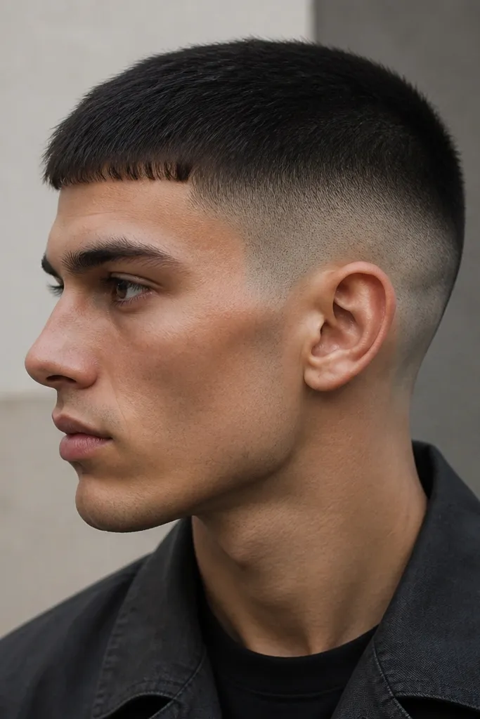 A buzz cut with a high fade and a front fringe that sits around eyebrow length when viewed from the side. The fringe edge is straight and the top is slightly longer at the front.