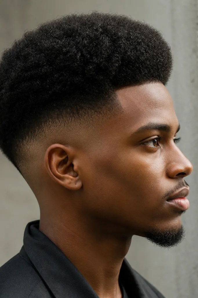 A buzz cut on top that has an afro-like puff texture, paired with a high fade that tightens the sides. The top looks full and rounded, not flat.