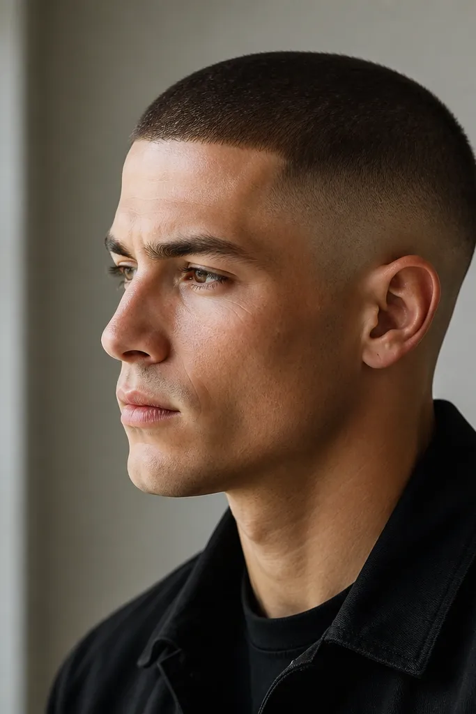 A buzz cut where the high fade is clean and the top is mostly uniform, but there's a faint micro taper at the crown line. The crown looks slightly smaller than the front.