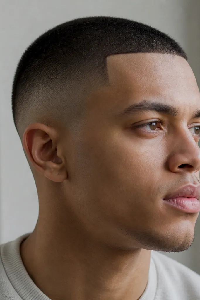 A buzz cut with a high fade and a neat line-up at the hairline. The edges are squared but the corners are rounded, not sharp points.