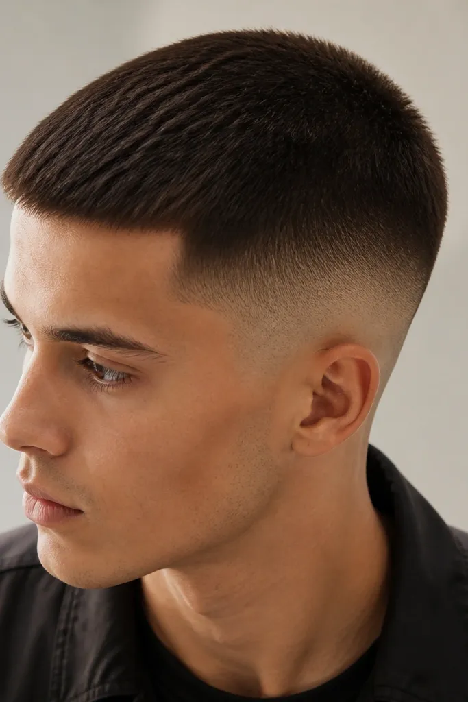 A buzz cut with a high fade and a top that has two visible lengths: the front is slightly longer, and the back is shorter. The blend on top looks smooth.