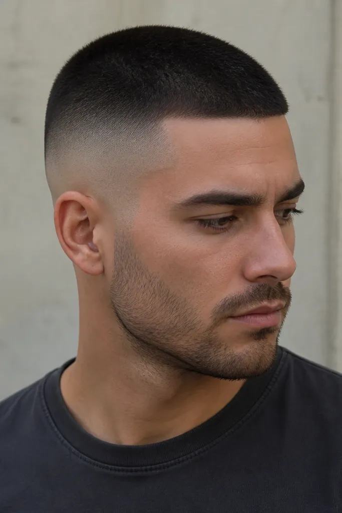A buzz cut with a high fade where the temples look extra smooth and close to skin. The transition is clean, and the top is short and even with a matte finish.