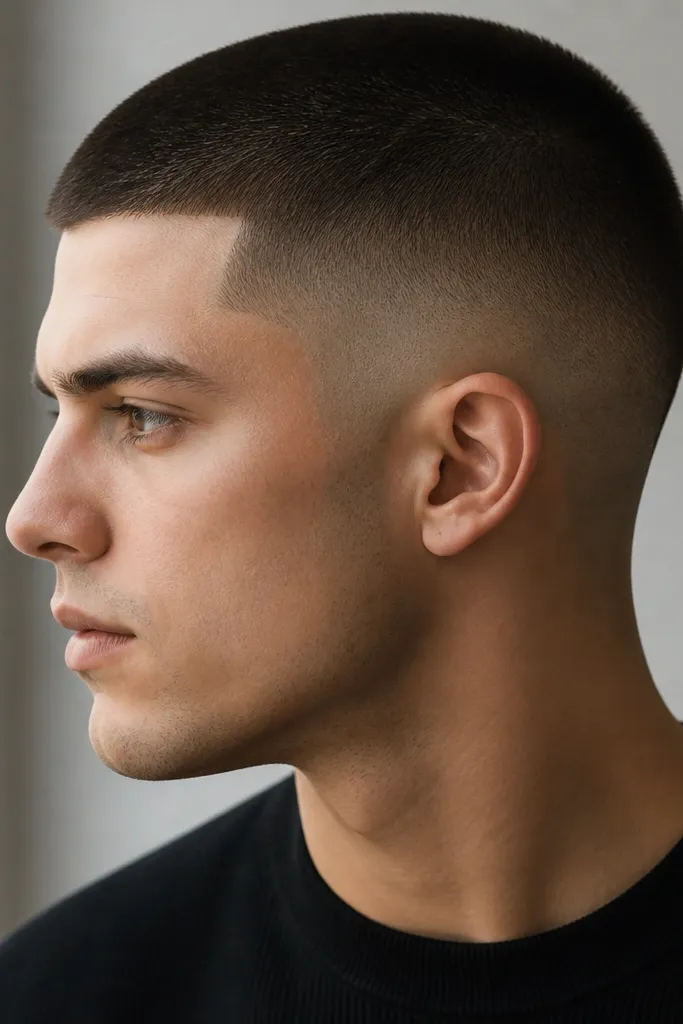 A buzz cut where the high fade wraps around the ear area with rounded sideburn shaping. The sides fade high, and the ear outline looks clean, not squared off.