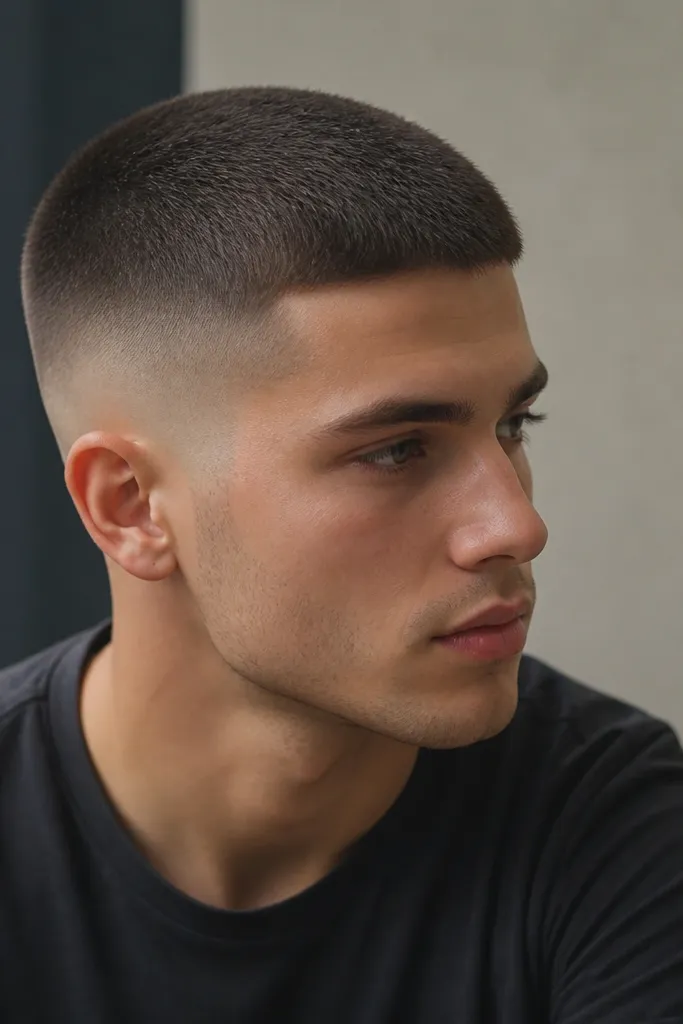 A buzz cut with a high fade and a slightly longer top that forms a gentle dome. The sides fade high and the top looks soft and matte.