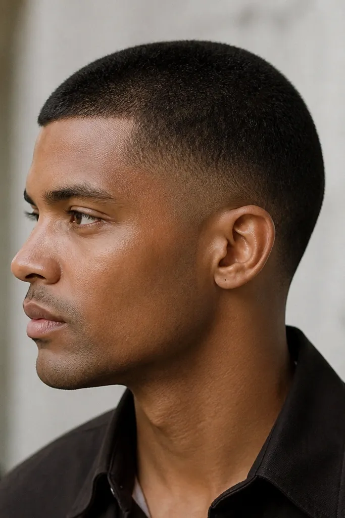 A close-cropped buzz cut on a man with medium-brown skin. The hair is uniform at about 1.5 inches of guard length across the top and sides. The fade is very low, with the temple line blended so it barely shows. The neckline is cleaned with a straight edge, and the scalp looks evenly covered.