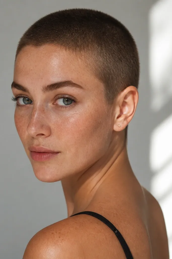 A very short buzz cut on a woman with light skin and visible freckles. The top is cut at about 0.5 guard, with a slightly shorter neckline area at about 0.25. The sides blend smoothly without a hard fade line. The hairline is natural and the edges are cleaned with a fine trimmer.