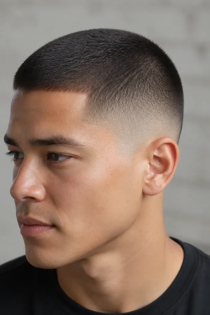 A men's buzz cut with a clear mid fade. The top is around 1.0 guard, and the sides fade down to about 0.5 near the lower half. The fade stops around the middle of the head, creating a visible gradient. The hairline is kept natural at the front and the edges are cleaned around the ears.