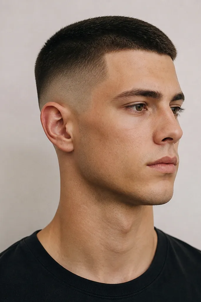 A high fade buzz cut on a person with a slightly longer face. The top is kept at about 1.5 guard and appears fuller. The sides drop quickly into a 0.5 guard, with a higher blending point near the upper sides. The temple area is crisp, and the neckline is cleaned with a straight edge.