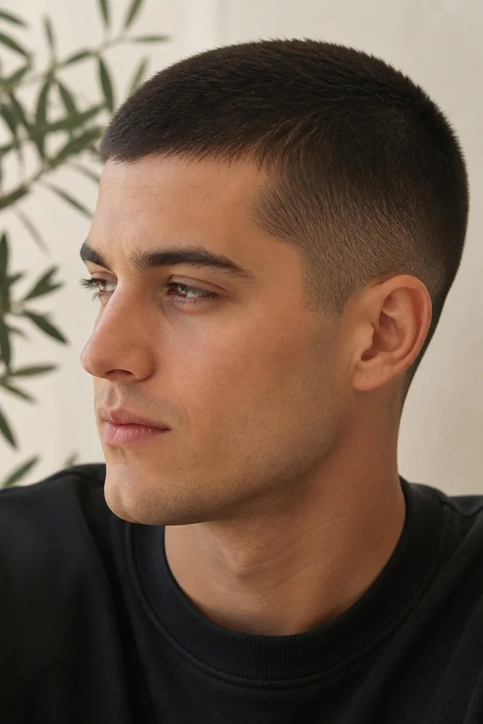 A buzz cut with a gentle taper. The top is longer at about 2.0 guard, and the sides step down to around 1.0 with a smooth blend. The hairline is natural but cleaned, and the neckline is slightly rounded rather than straight. The overall look is soft and neat.