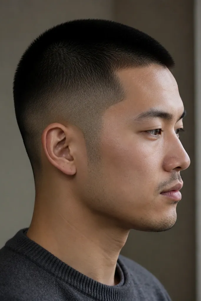 A buzz cut emphasizing the sideburn area. The top is about 1.0 guard and the sides fade down to 0.5 near the lower ear. The sideburns are clean and slightly tapered, with no jagged corners. The rest of the haircut is uniform and tidy.