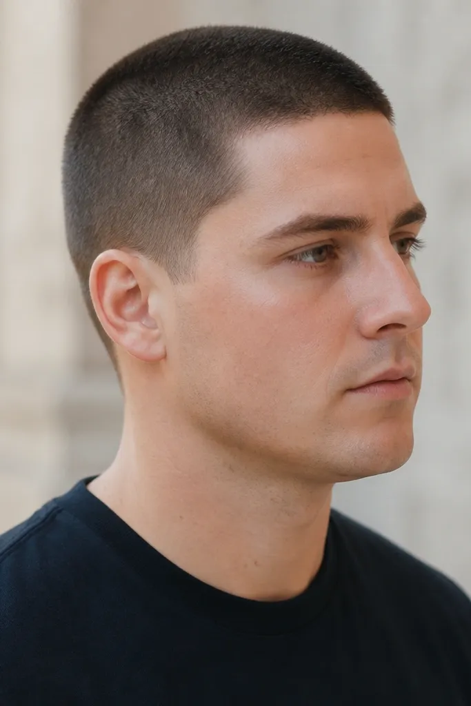 A crisp buzz cut at about 0.75 guard on a man with a slightly rounded face. The sides and top match in length, with a very subtle taper near the ears. The neckline is straight and evenly cleaned, and the edges look sharp. The scalp shows minimal skin through the cut.