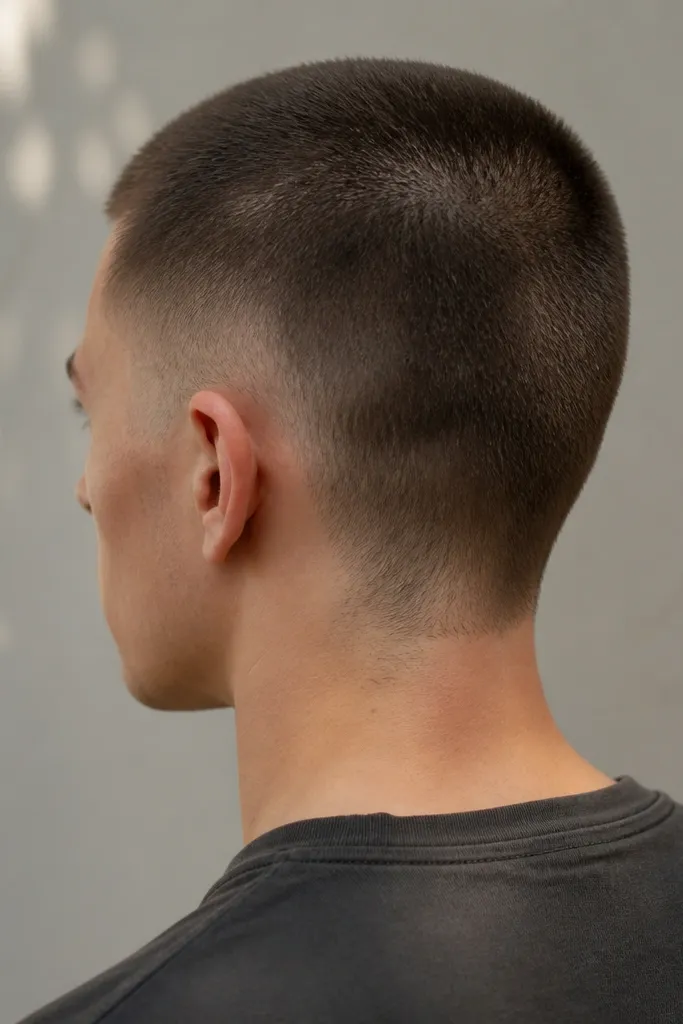 A buzz cut around 1.0 guard on a person with lighter skin and a slightly uneven hair growth pattern at the neck. The neckline is curved and follows the natural growth line instead of being straight across. The sides are blended smoothly and the edges near the ears are cleaned.