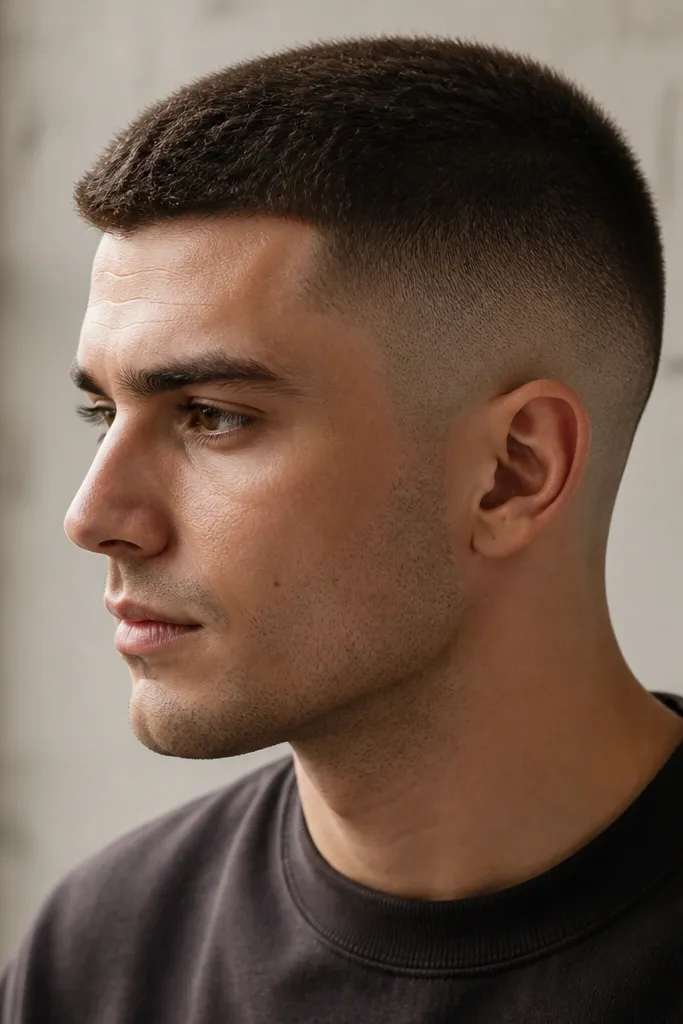 A buzz cut with a noticeably longer top at about 2.5 guard. The sides drop quickly into a 1.0 fade, with the transition centered mid-side. The drop fade line is visible but smoothly blended, and the edges are clean around the temples. The overall look has more volume on top than the other styles.