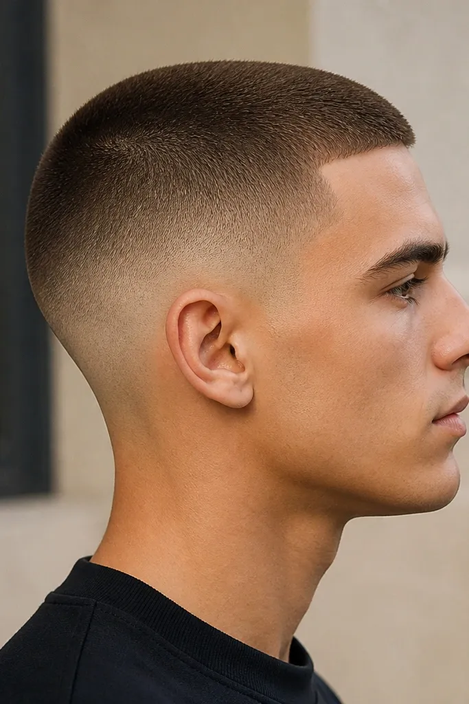 A very clean skin fade buzz cut. The top is about 0.5 guard, while the sides fade down to near skin. The blend is smooth with a sharp finish at the temple and neckline. The scalp is mostly covered by the 0.5 top, and the edges look freshly done.