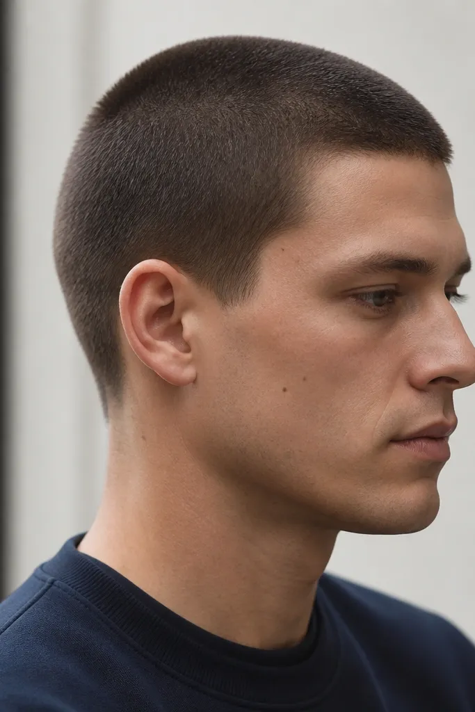 A uniform buzz cut with no fade. The hair is cut evenly at about 1.0 guard across the entire head, including sides and top. The edges are cleaned lightly around the ears, and the neckline is trimmed close but not shaved too high. The overall look is flat and consistent.