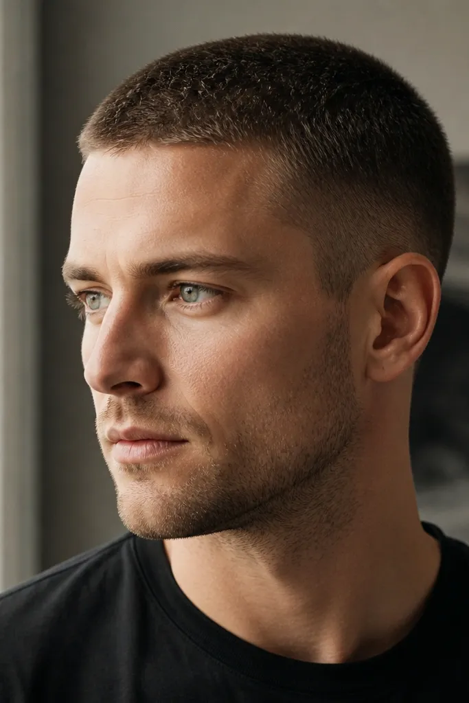 A buzz cut with two lengths. The sides are around 0.75 guard and the top is slightly longer at about 1.25. The transition is subtle and blended, creating a gentle step effect. The neckline is cleaned and the temples are tidy.