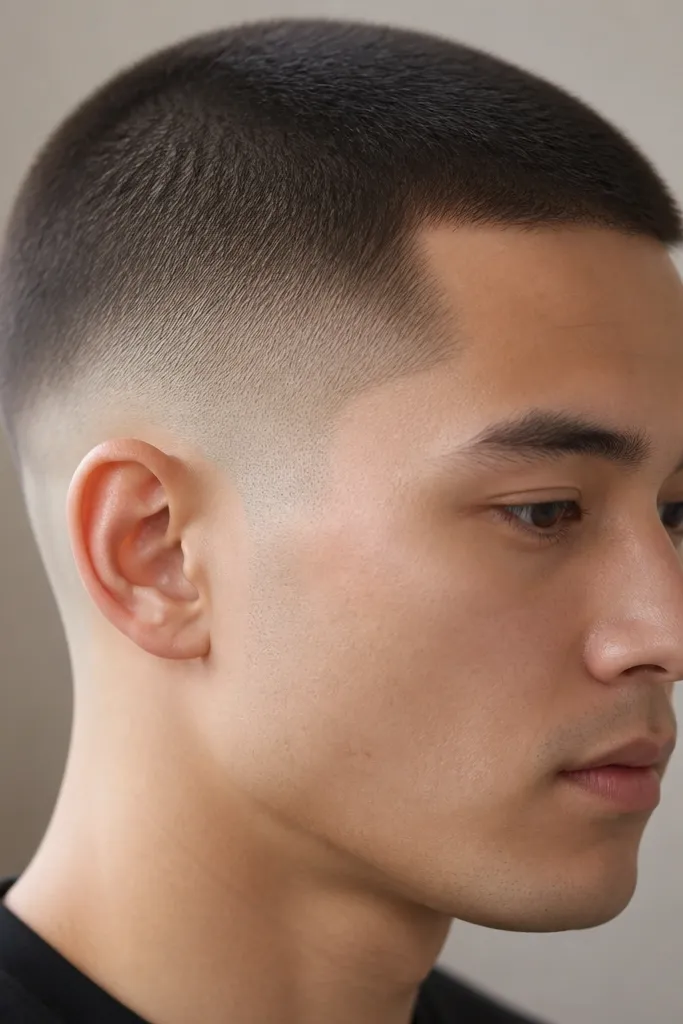 A buzz cut designed for sensitive skin. The top is around 1.5 guard, while the fade is low and soft with no harsh line. The sides blend gradually, and the neckline is cleaned with a close trimmer but not shaved. The scalp looks calm and even, with no visible irritation.