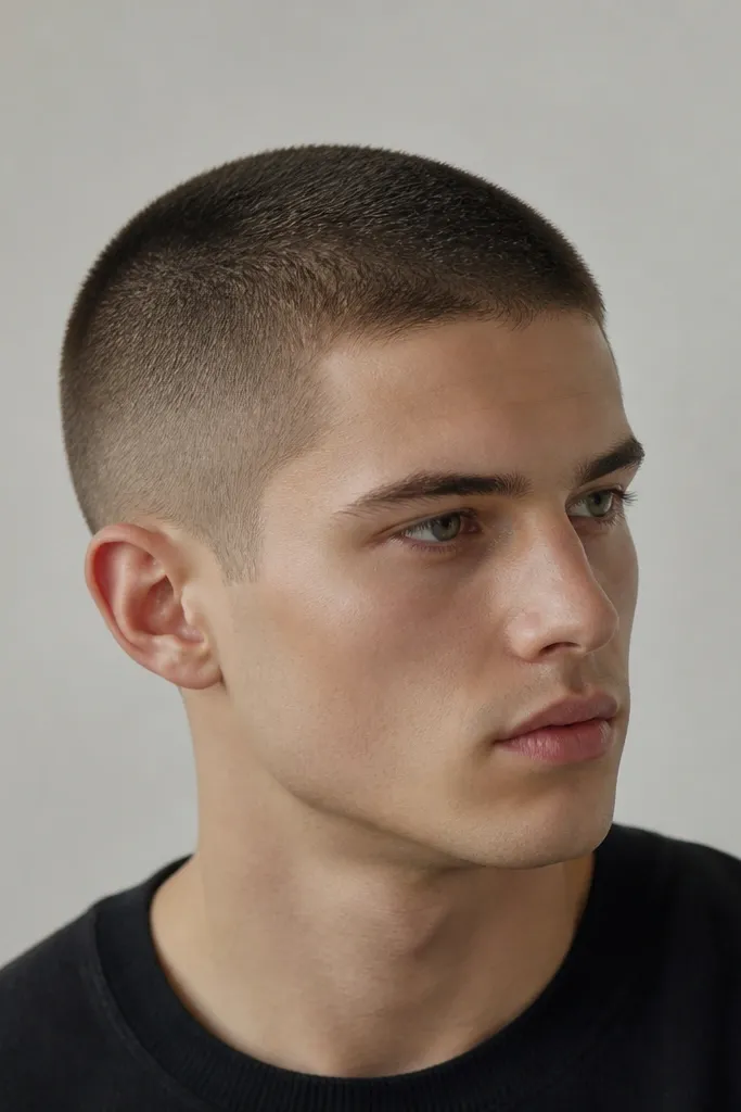A buzz cut where the crown is longer than the sides. The sides are about 1.0 guard, while the top center (crown) is about 1.5 guard. The blend is smooth around the sides, and the hairline is cleaned neatly. The result looks like a tiny dome without any comb-over.