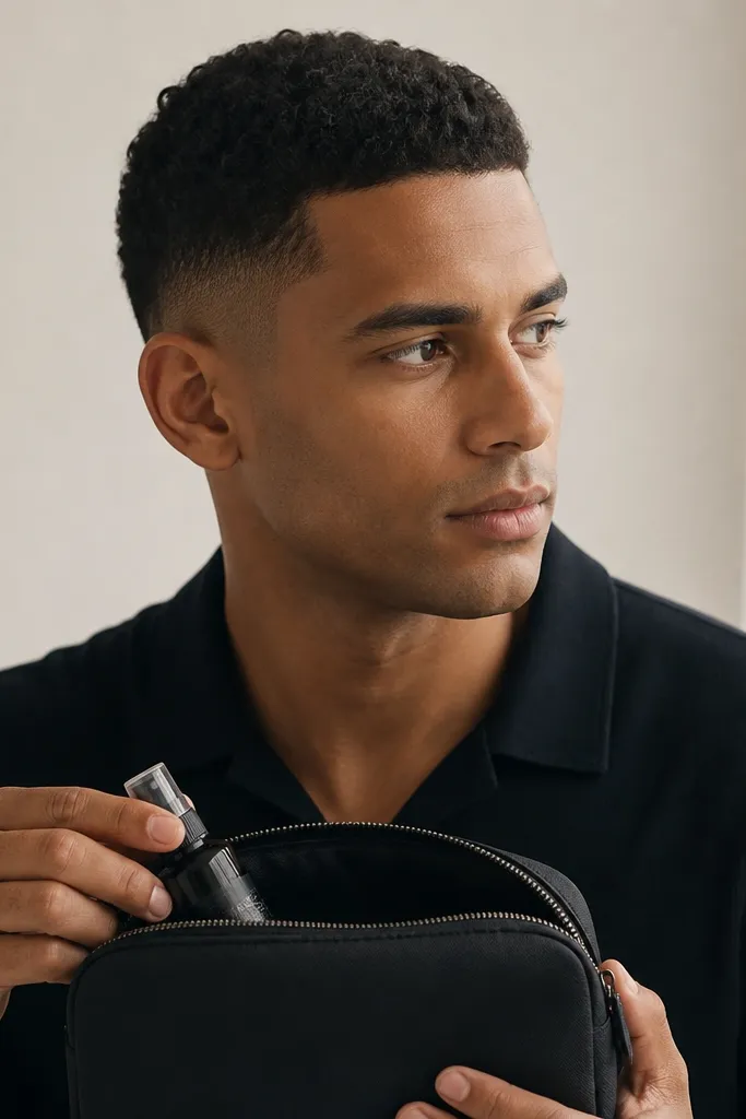 A model with a buzz cut curly top and a low fade around the ears. The front hairline has a slight lifted curl texture, finished in matte with no shine. The sides look clean and tight, and the model holds a small travel pouch with a mini spray bottle visible.