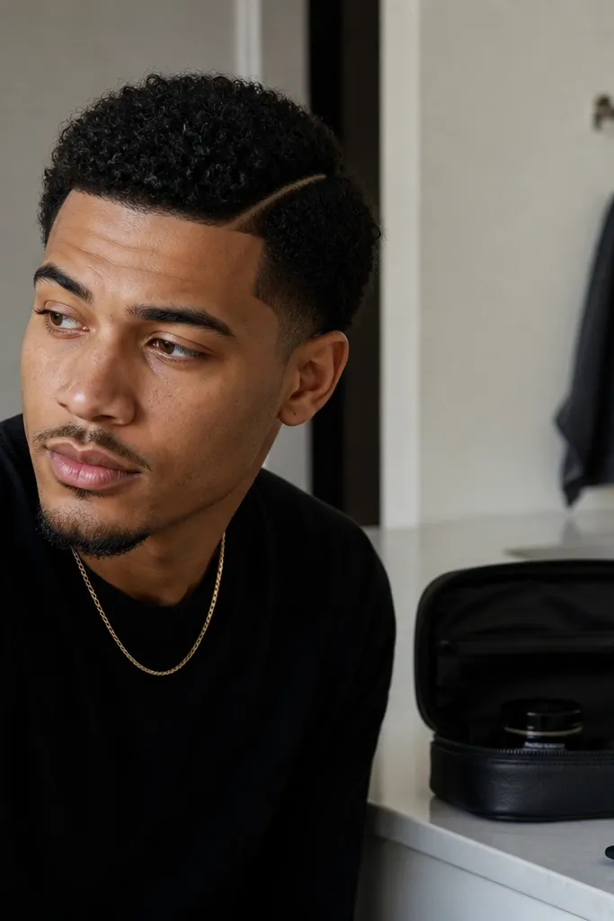 A curly buzz cut with a subtle side part created by a crisp line. The top curls fall slightly to one side, and the edges around the part are sharp. A compact styling kit pouch sits on a bathroom counter with a small comb and mini jar visible.