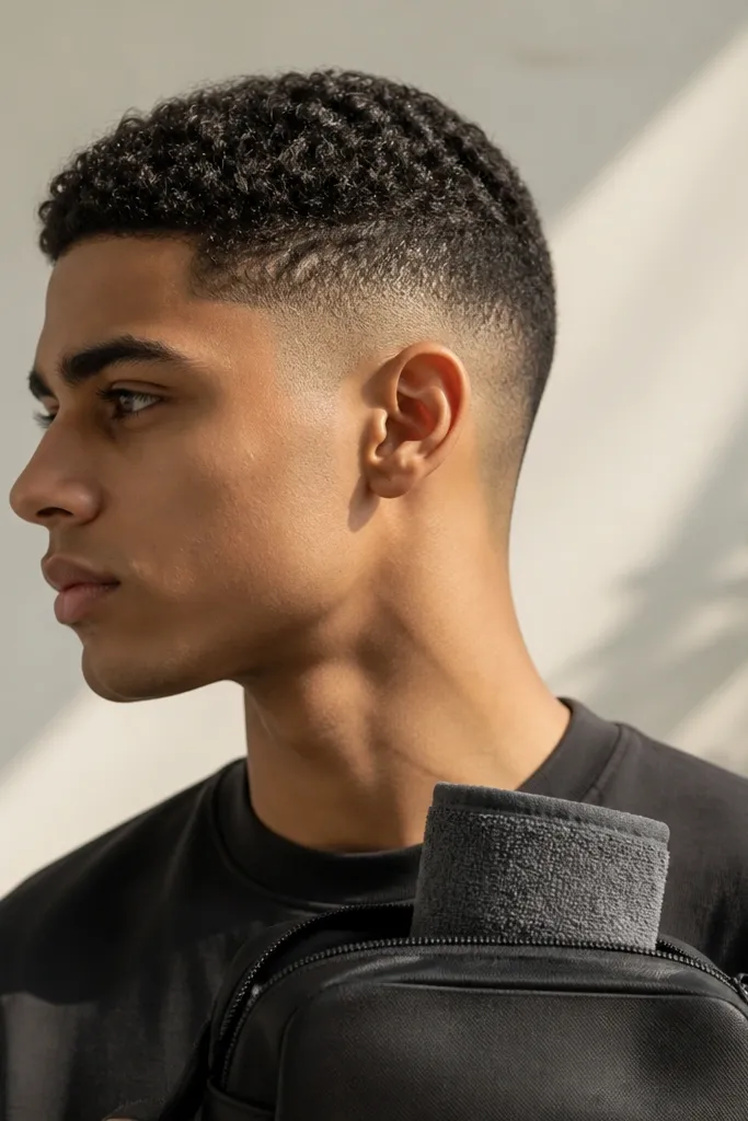 A buzz cut with a higher taper that fades up toward the crown. The top shows a slightly longer textured crown with defined curls. The lighting makes the texture visible, and a mini travel towel is tucked into a storage pouch.